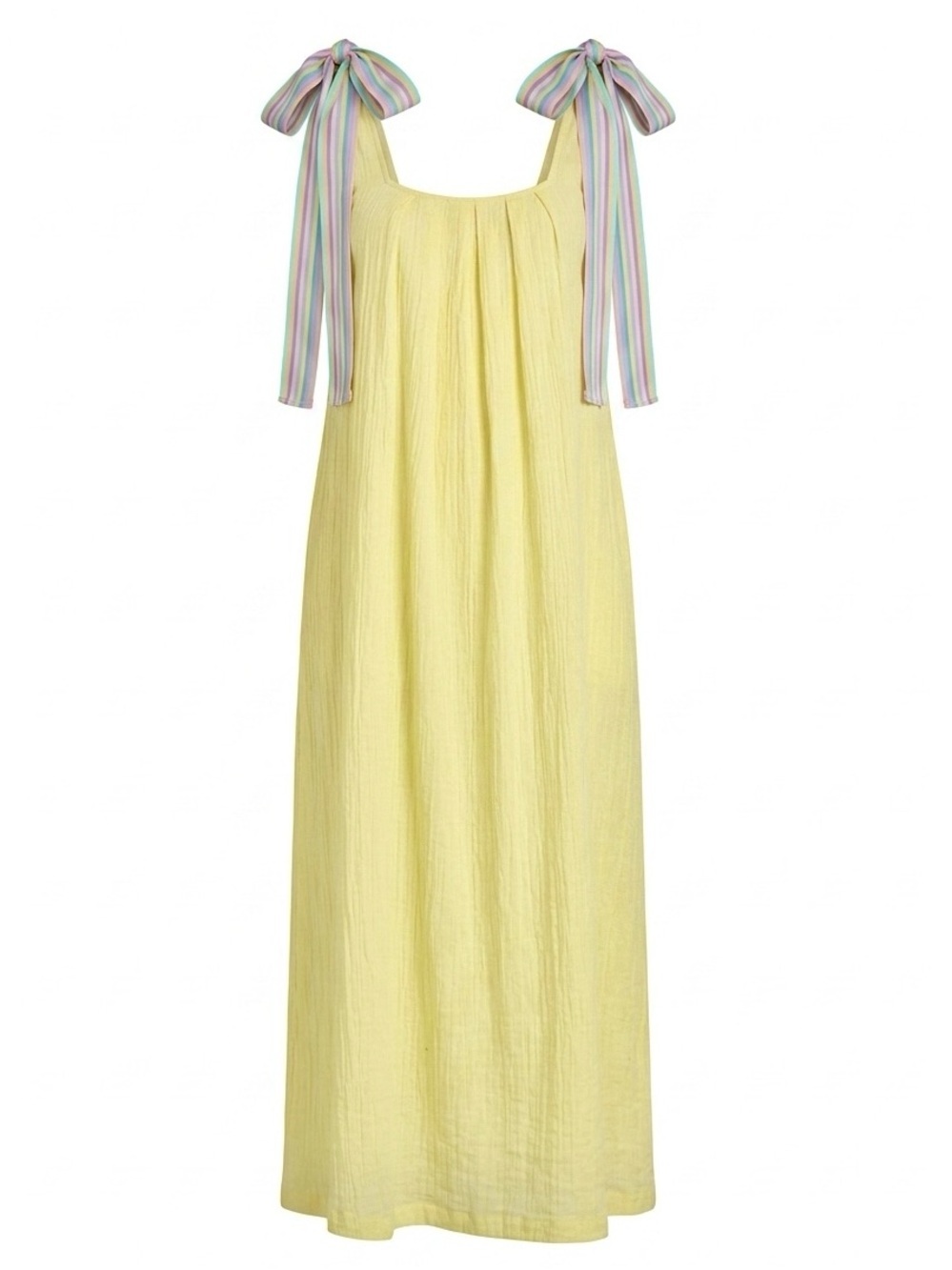 Pitusa Dress Gauzey Ribbon Tie Shoulders Midi Sundress Yellow Pastel Rainbow PS